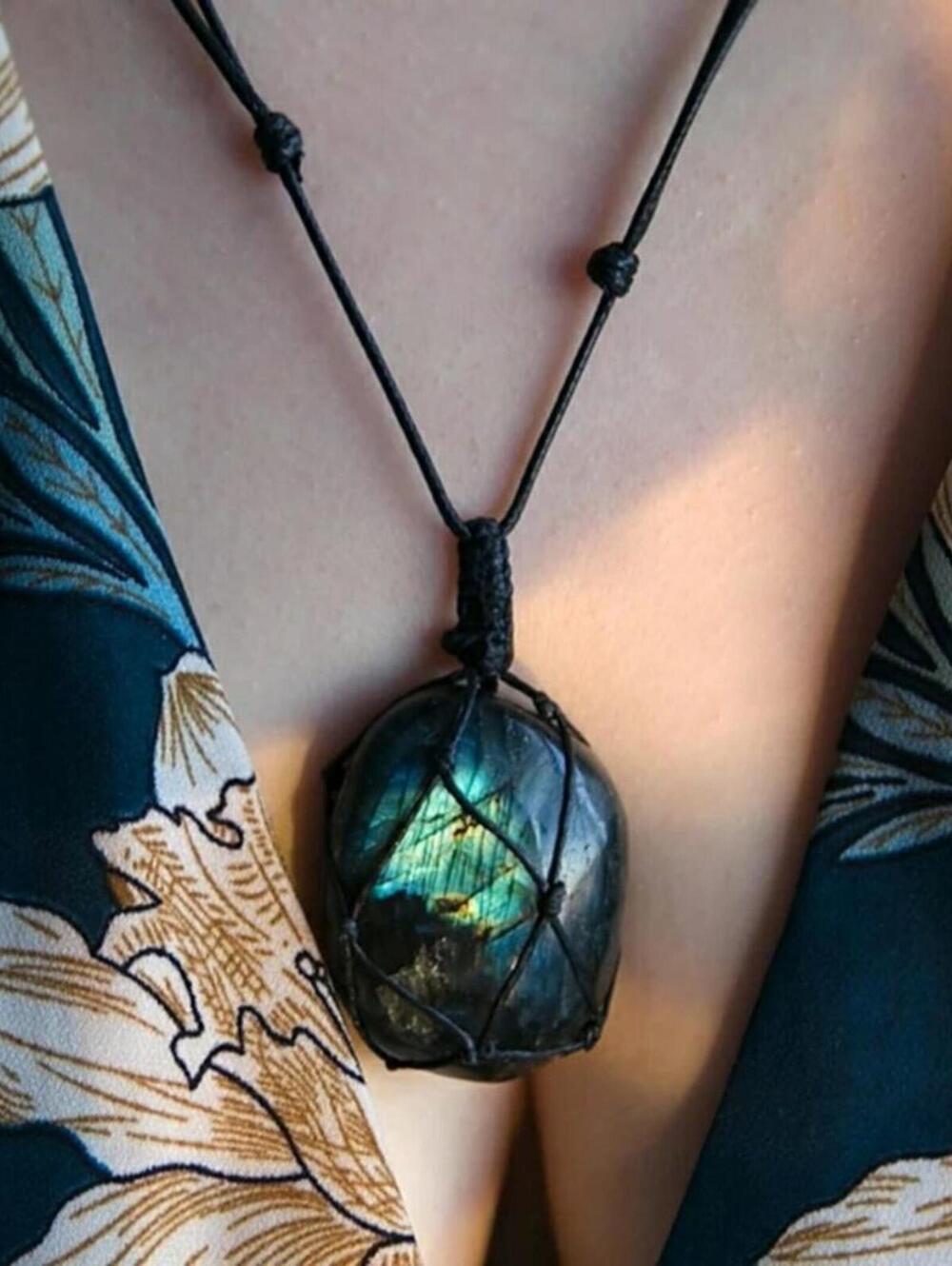 Genuine Labradorite Black Rope Necklace
